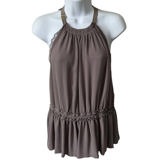 VICTORIA’S Secret Taupe Crinkled Lace Halter Tank Top S/P Ruffled Hem Semi Sheer - Picture 1 of 9